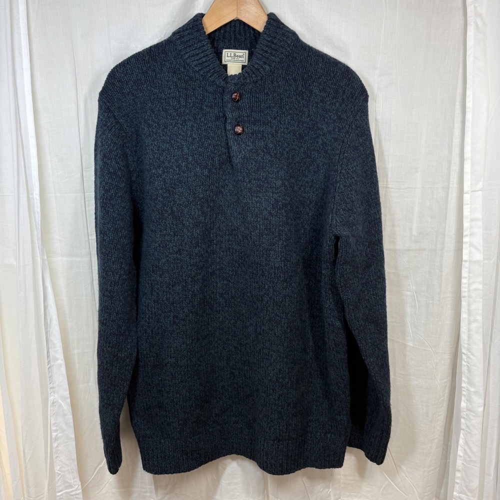 L.L.Bean Classic Ragg Wool‎ Sweater Henley Collar Navy Dark Green Size M Tall